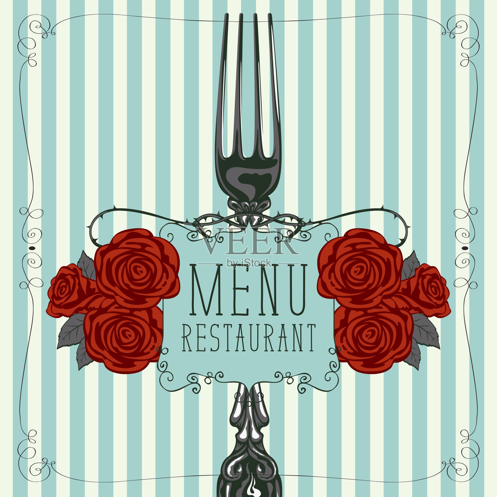 餐厅菜单上有叉和红玫瑰插画图片素材