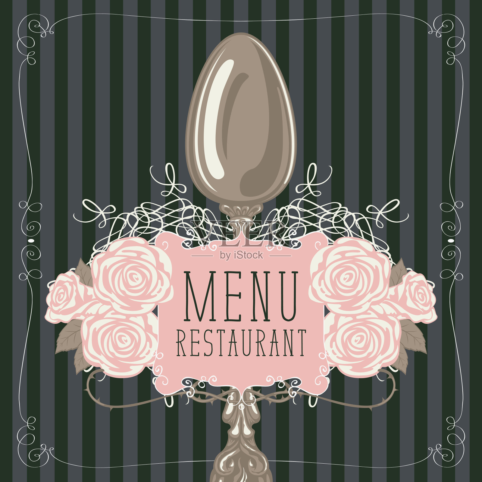 餐厅菜单上有勺子和粉红玫瑰设计模板素材