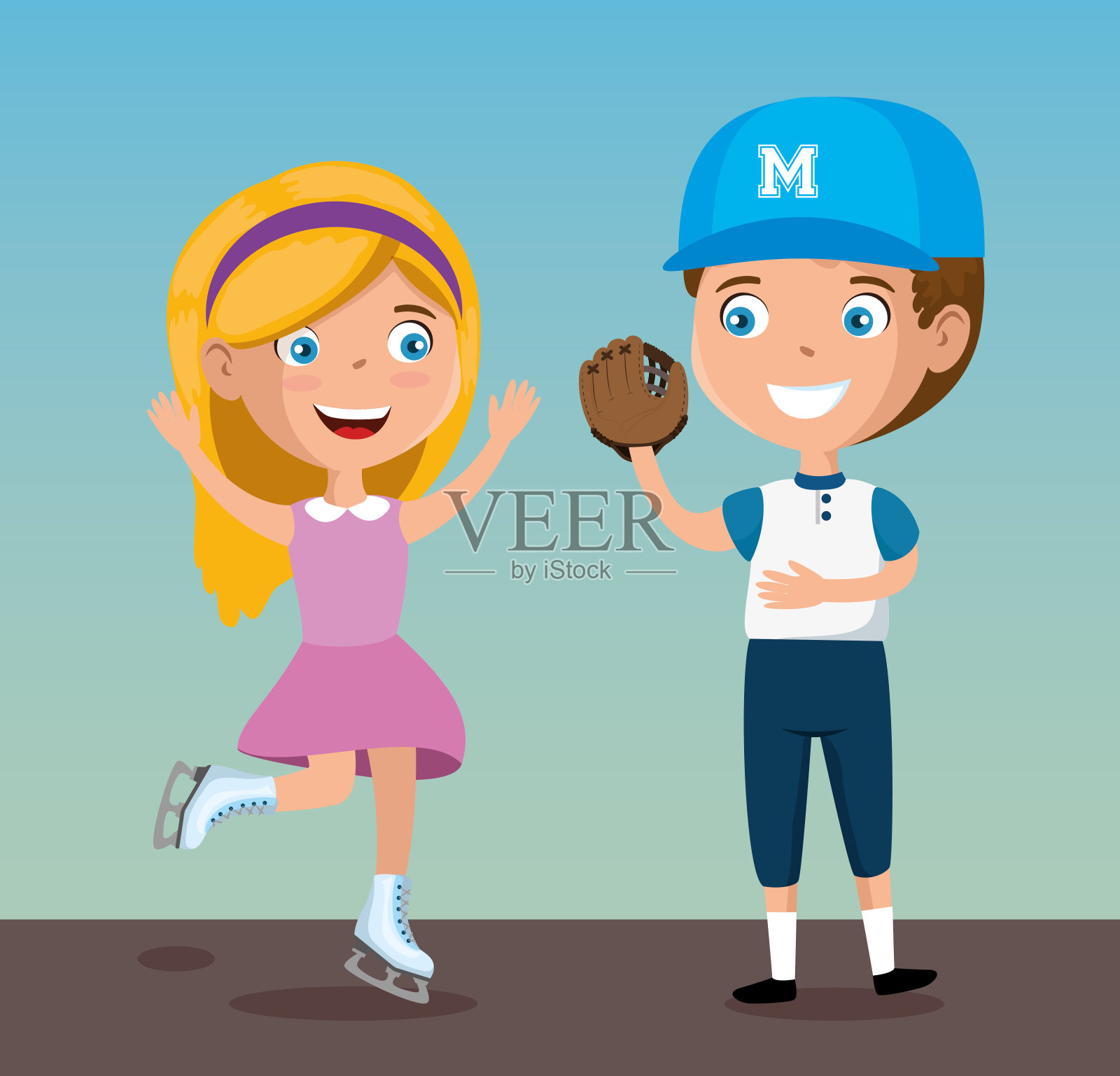 快乐的孩子夫妇玩体育角色插画图片素材