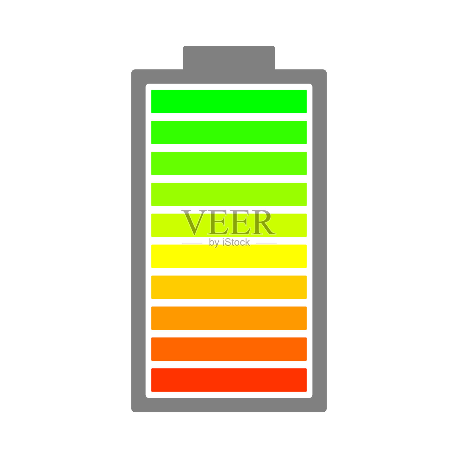 电池图标。10个渐变颜色的单元格。绿色,黄色,红色。向量设计元素图片