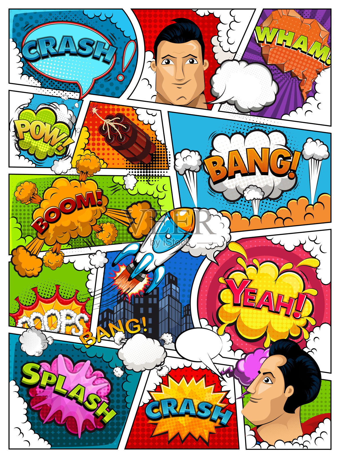 漫画书的页面布局由台词划分，气泡，城市，火箭，超级英雄和声音效果。复古的背景模型。插图插画图片素材