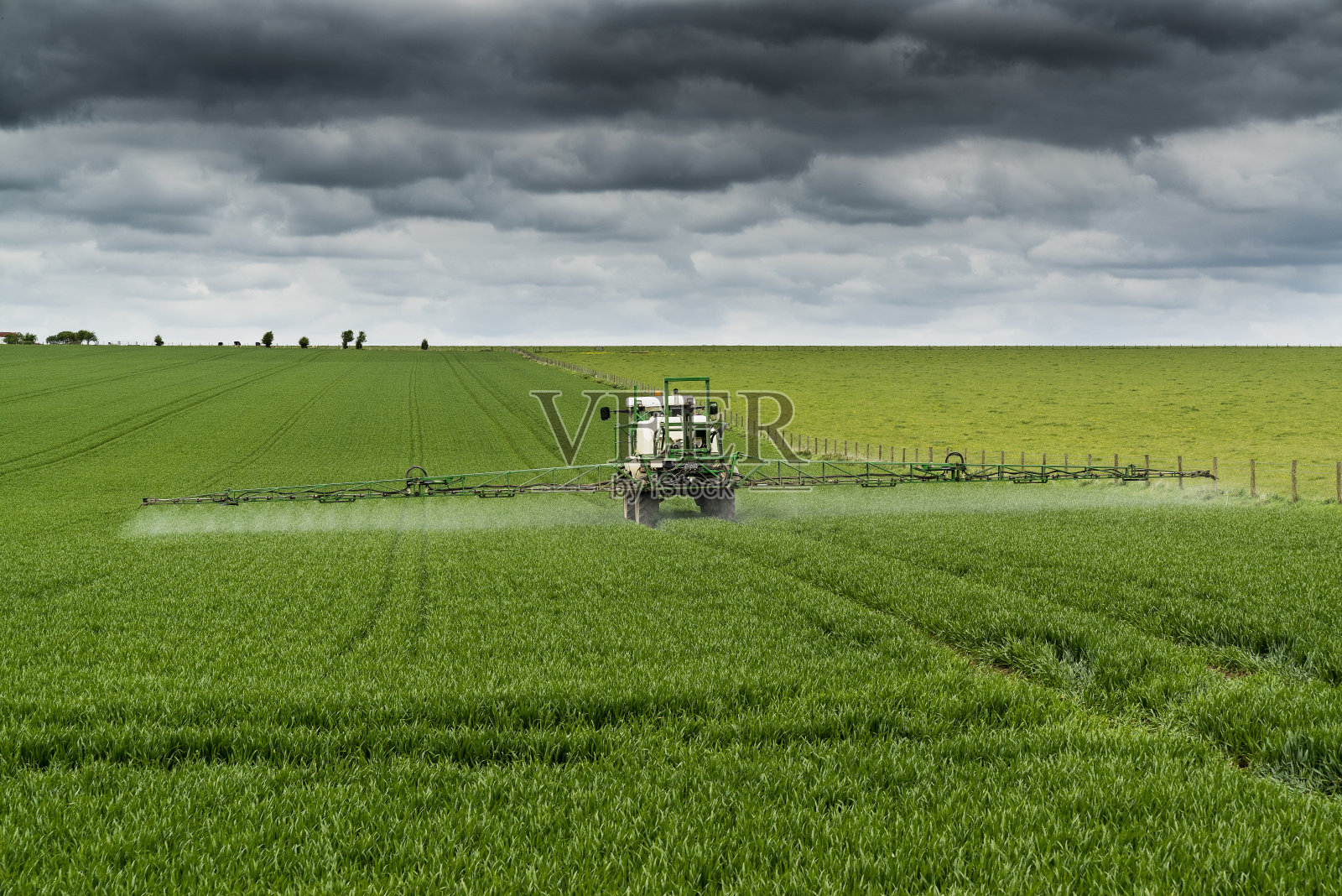 拖拉机在绿色的田野上喷洒照片摄影图片