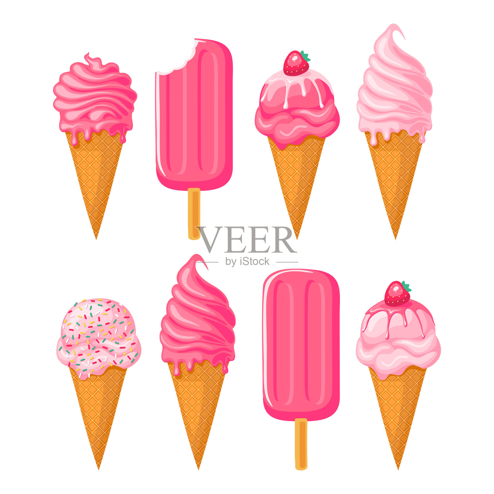 白色背景上的粉色冰淇淋插画图片素材