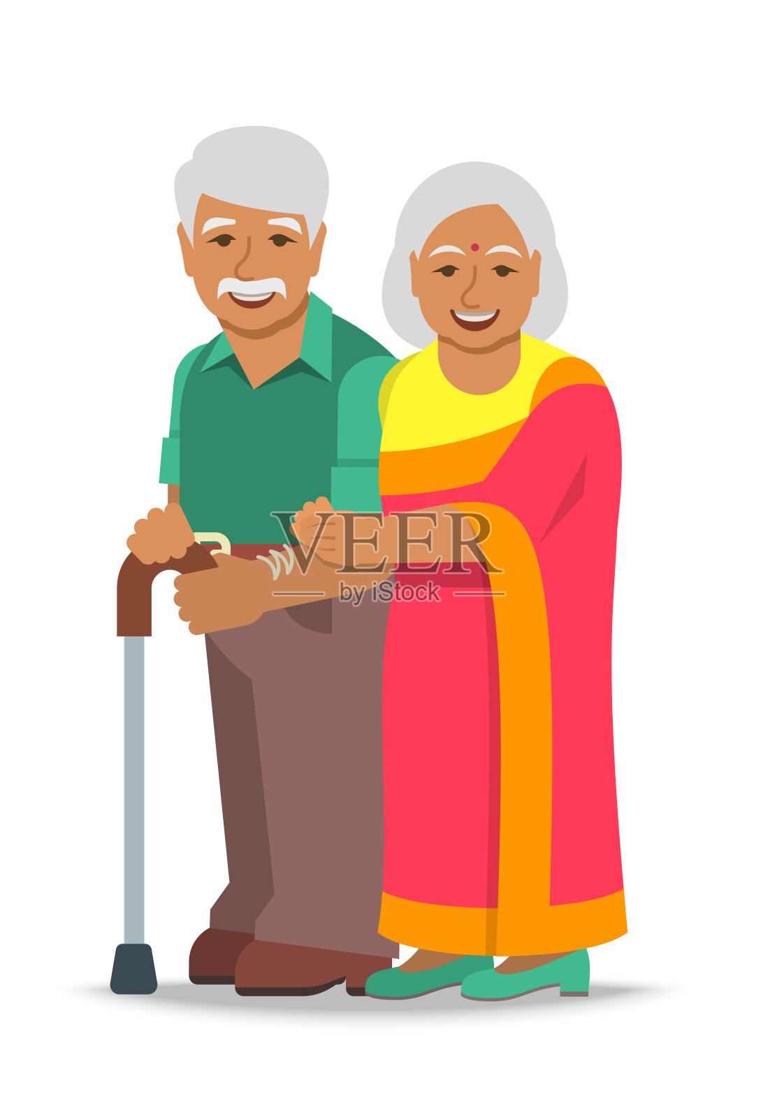 一对印度老夫妇站在一起插画图片素材