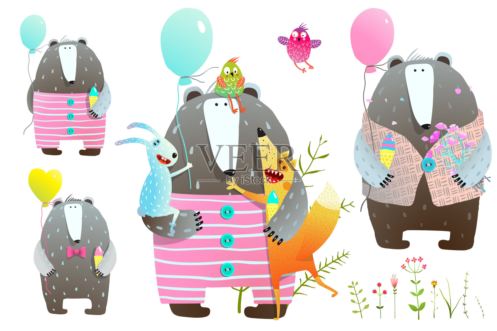 小熊、狐狸、兔子贺卡套装插画图片素材