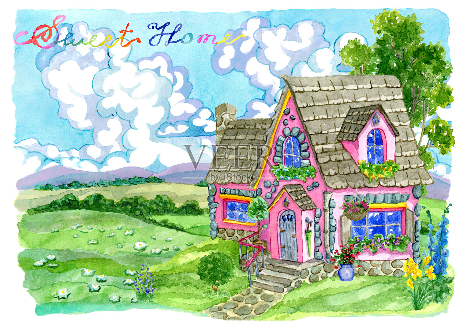 可爱的粉红色小屋与花园的花在草地上插画图片素材