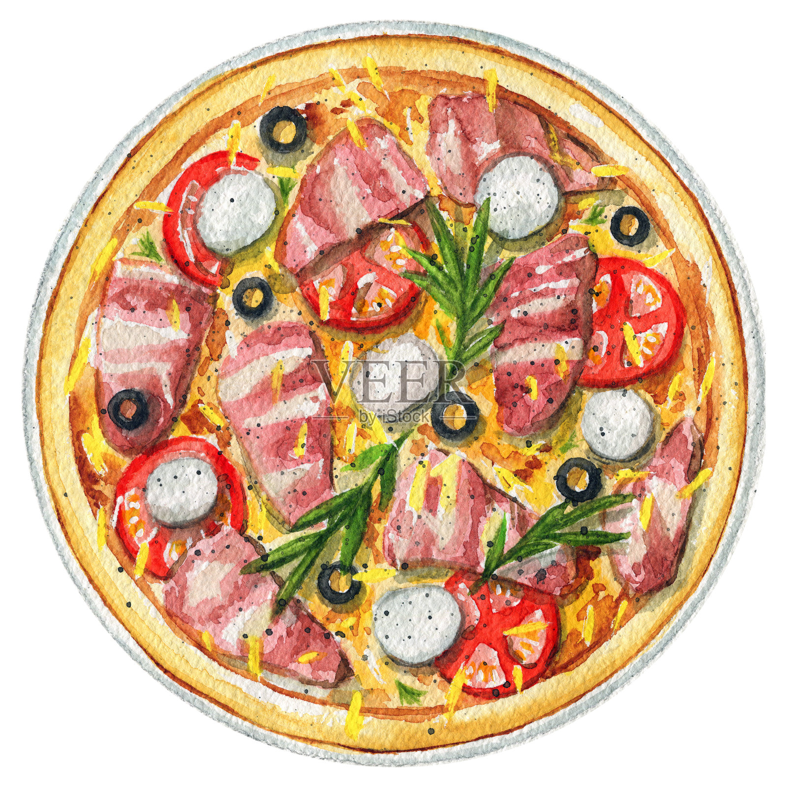 水彩披萨与马苏里拉奶酪，培根，橄榄和西红柿设计元素图片