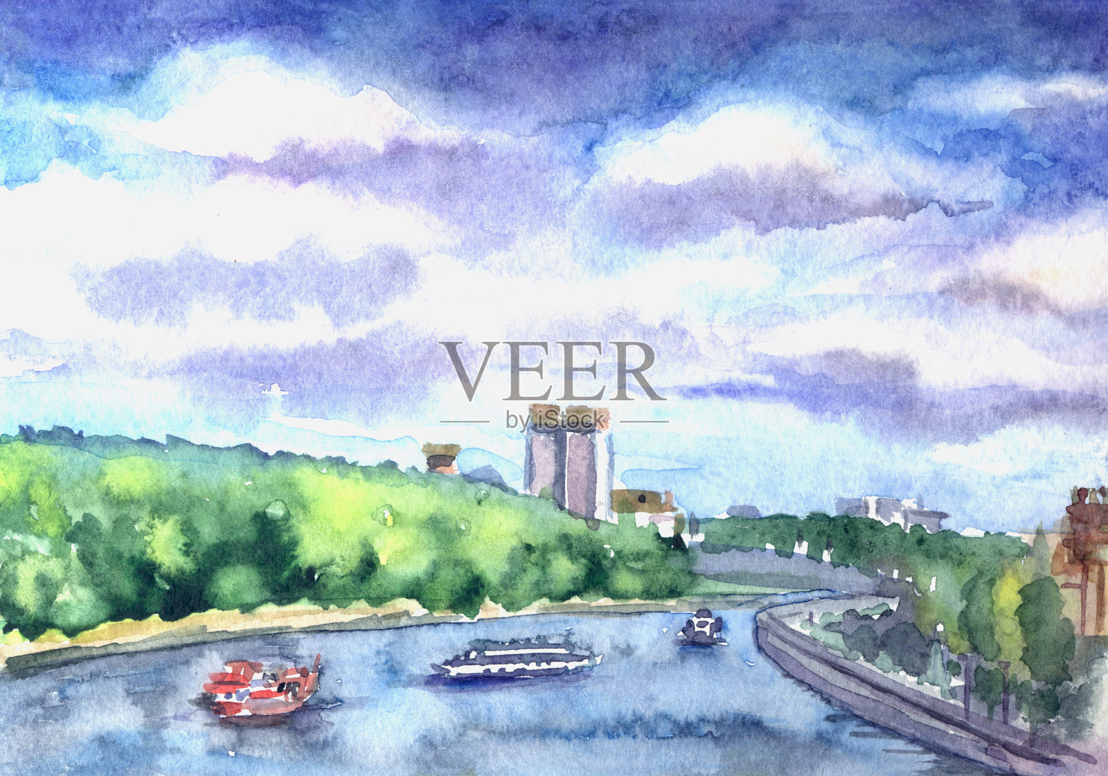 城市景观与河流插画图片素材