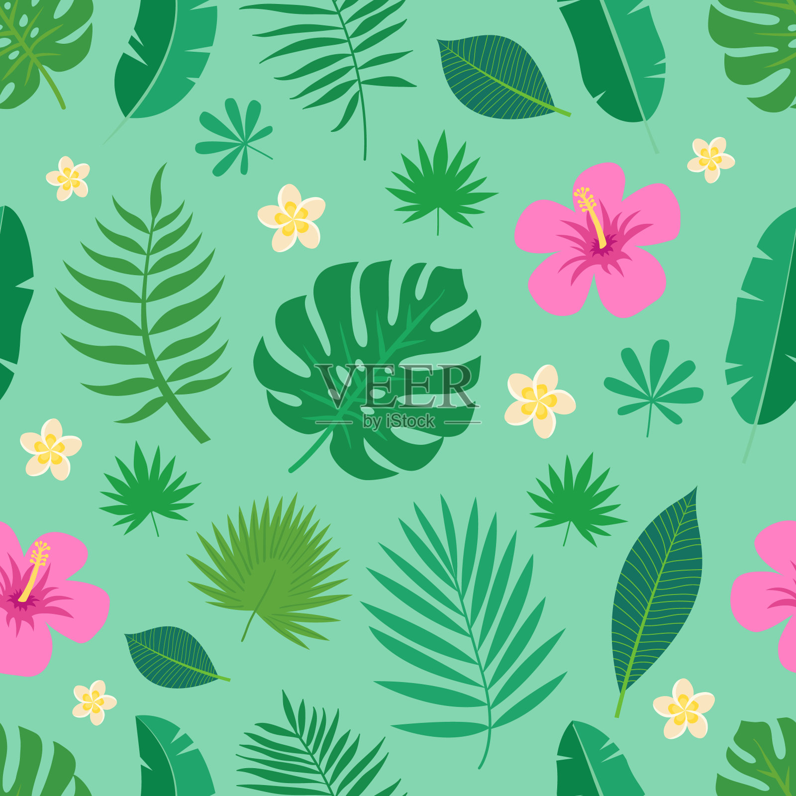 热带丛林的叶子和花朵，鸡蛋花和木槿的绿色背景，充满异国情调的无缝彩色图案。插画图片素材