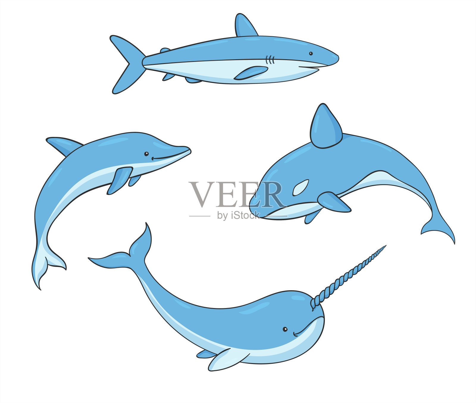 一套矢量水下生活与杀人鲸，鲨鱼，独角鲸和海豚。设计元素图片