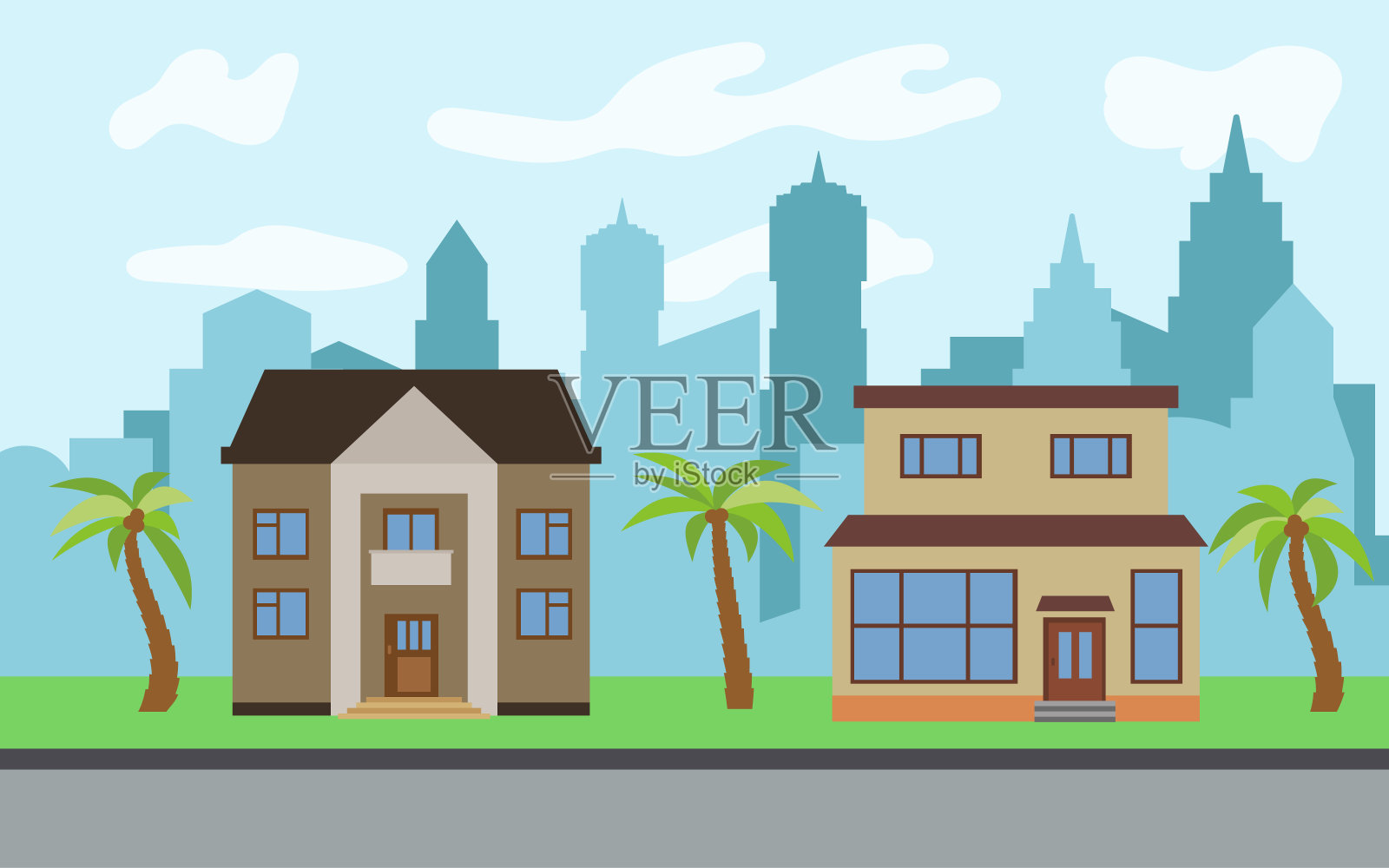 矢量城市有两个两层的卡通房子和棕榈树在阳光明媚的日子插画图片素材