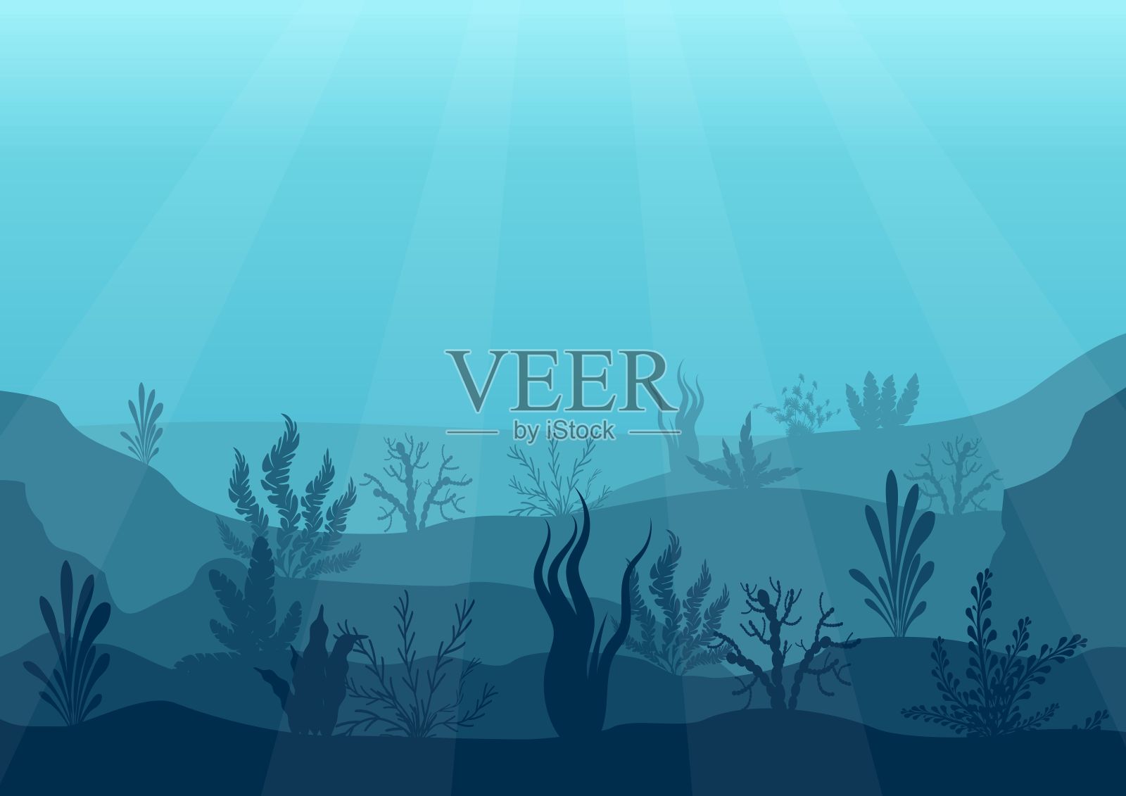 水下海洋场景。深蓝色的海水，珊瑚礁和水下植物。海洋的海底剪影与海藻，藻类和珊瑚。背景矢量图插画图片素材