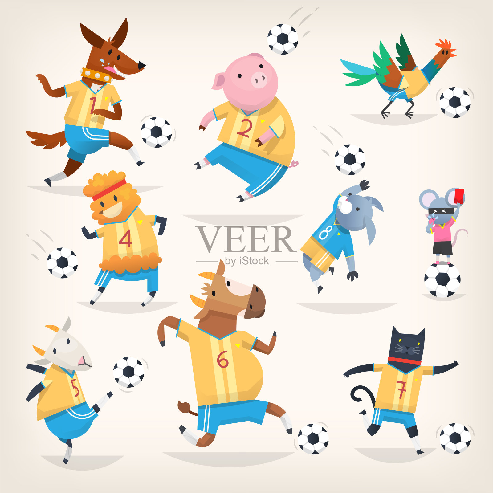 可爱的农场动物队在不同的位置踢足球。一线队插画图片素材
