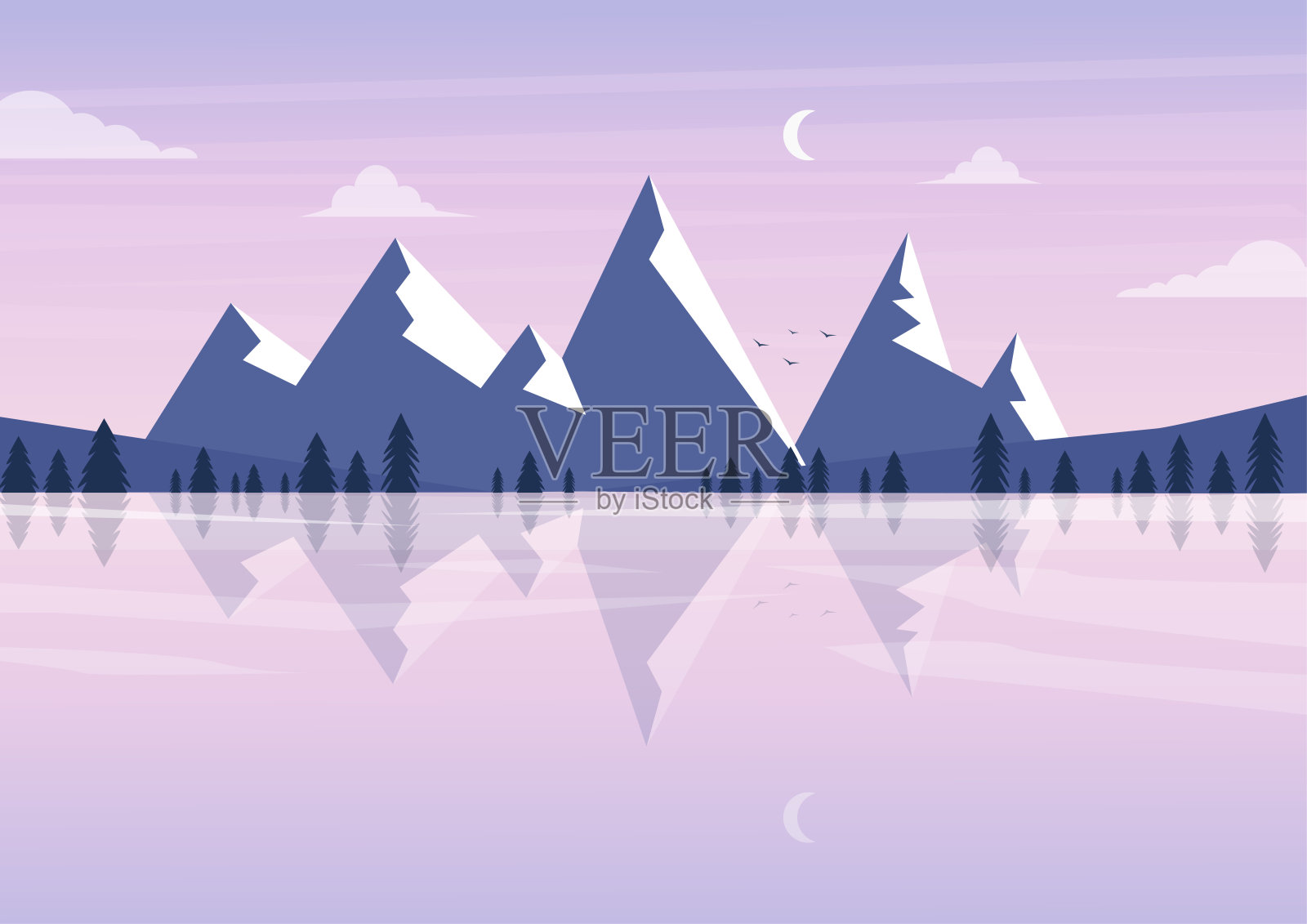 群山和森林景观与湖泊的倒影背景。矢量插图。插画图片素材