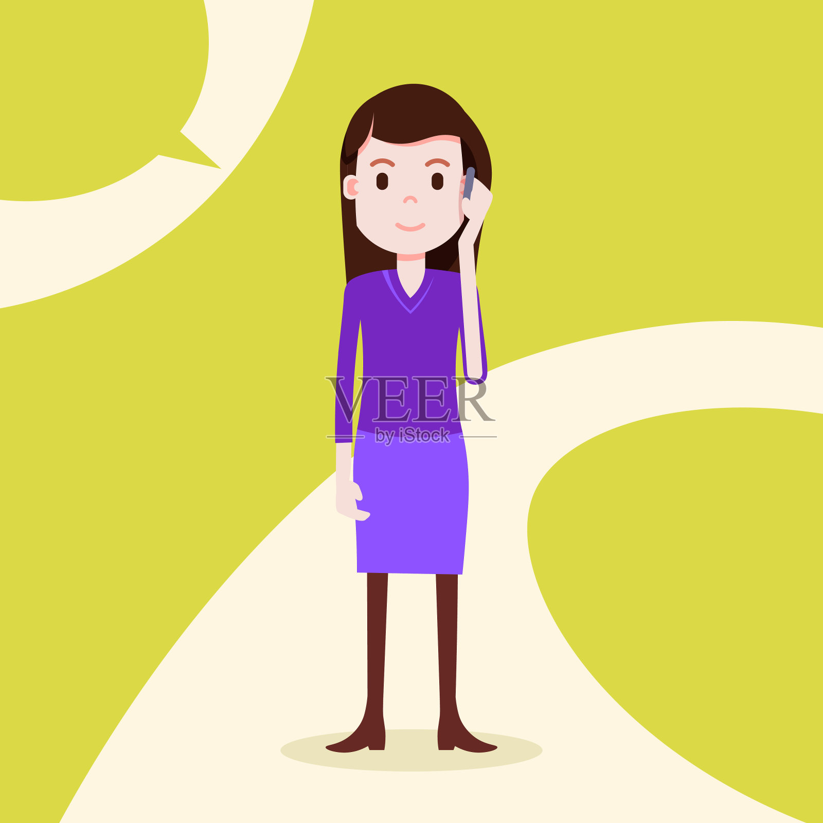 少女性格严肃的电话女模板为设计工作和动画上的黄色背景全长扁平人插画图片素材