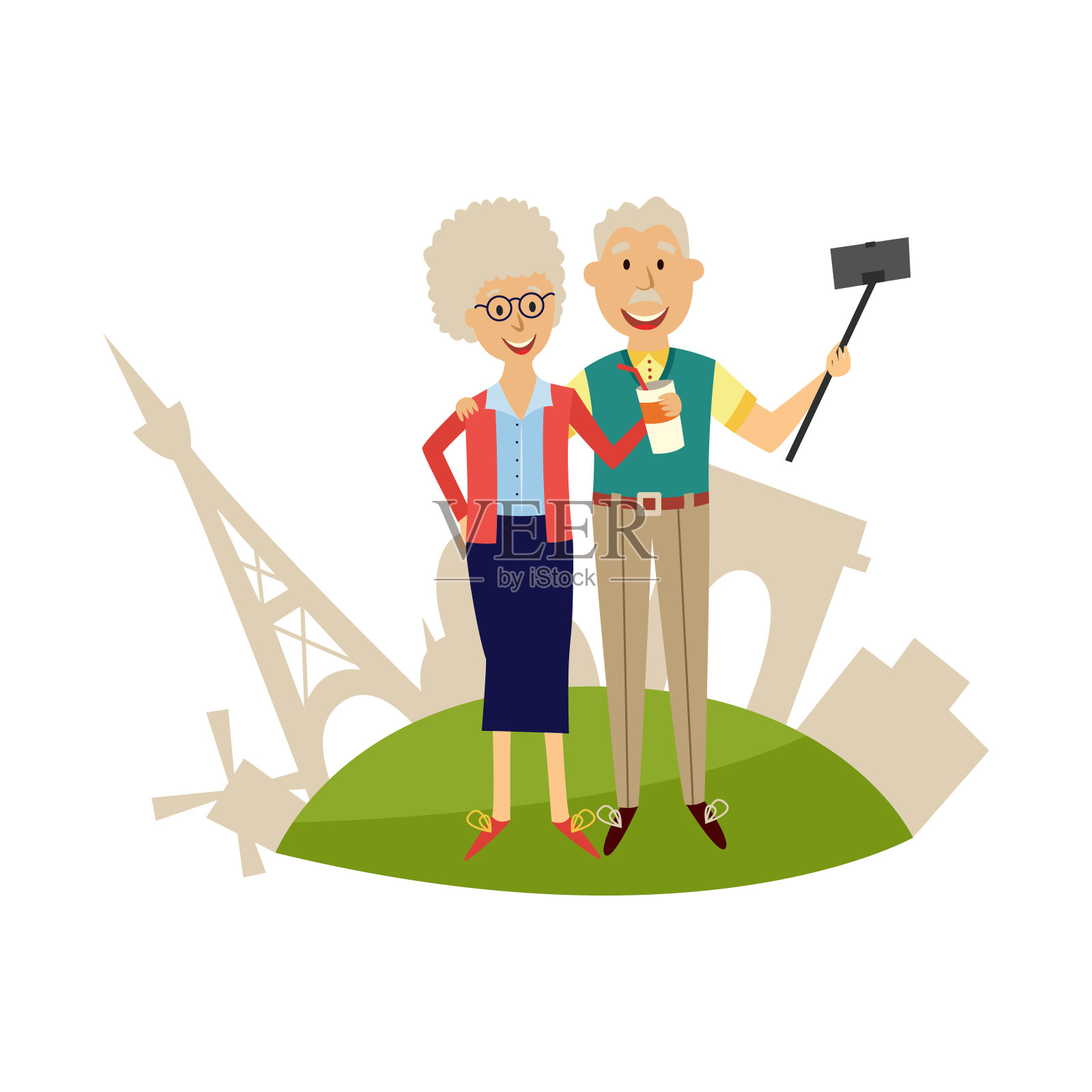 一对老夫妇在法国景点的背景下用智能手机和自拍杆自拍。插画图片素材