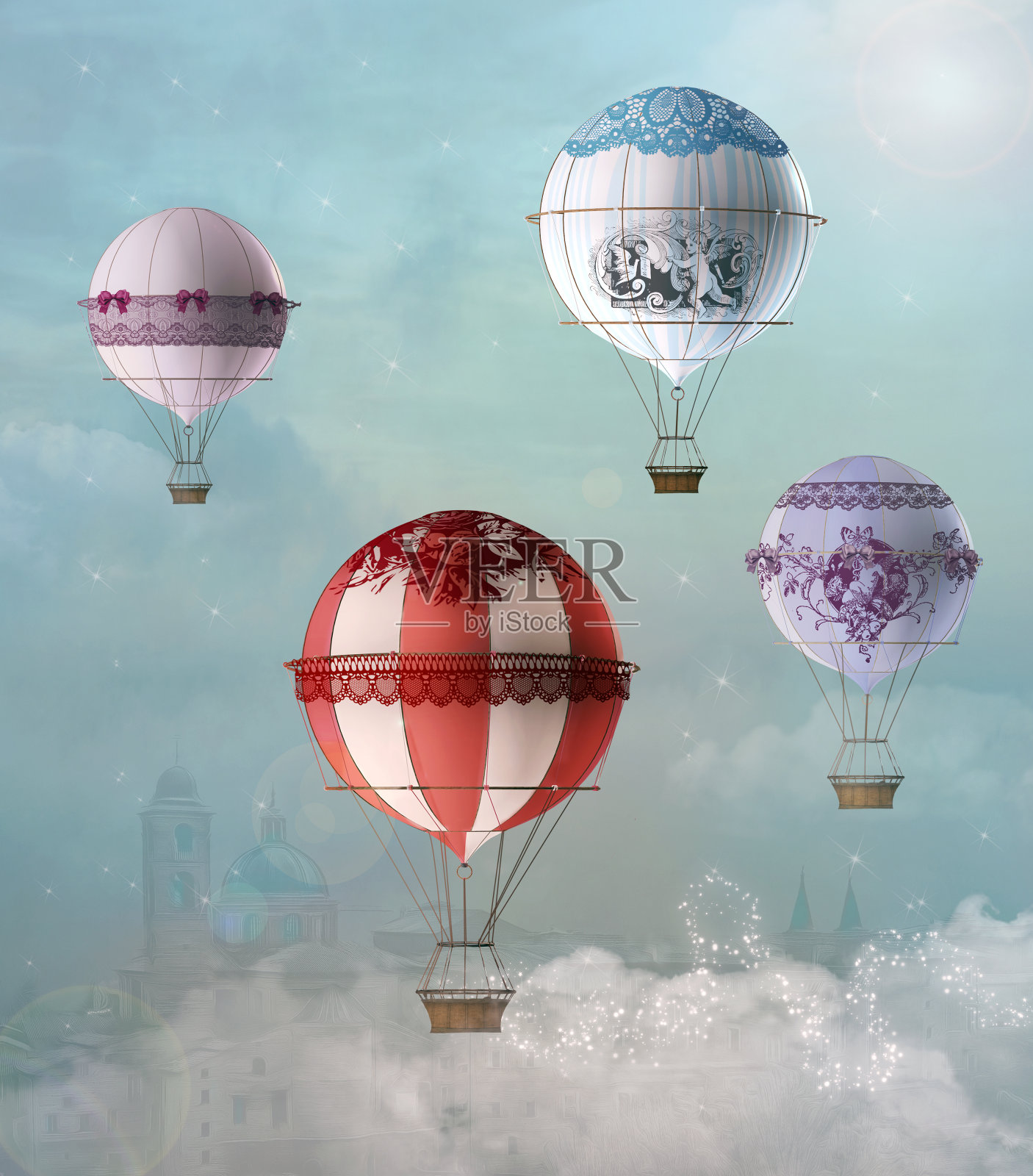 幻想装饰热气球插画图片素材