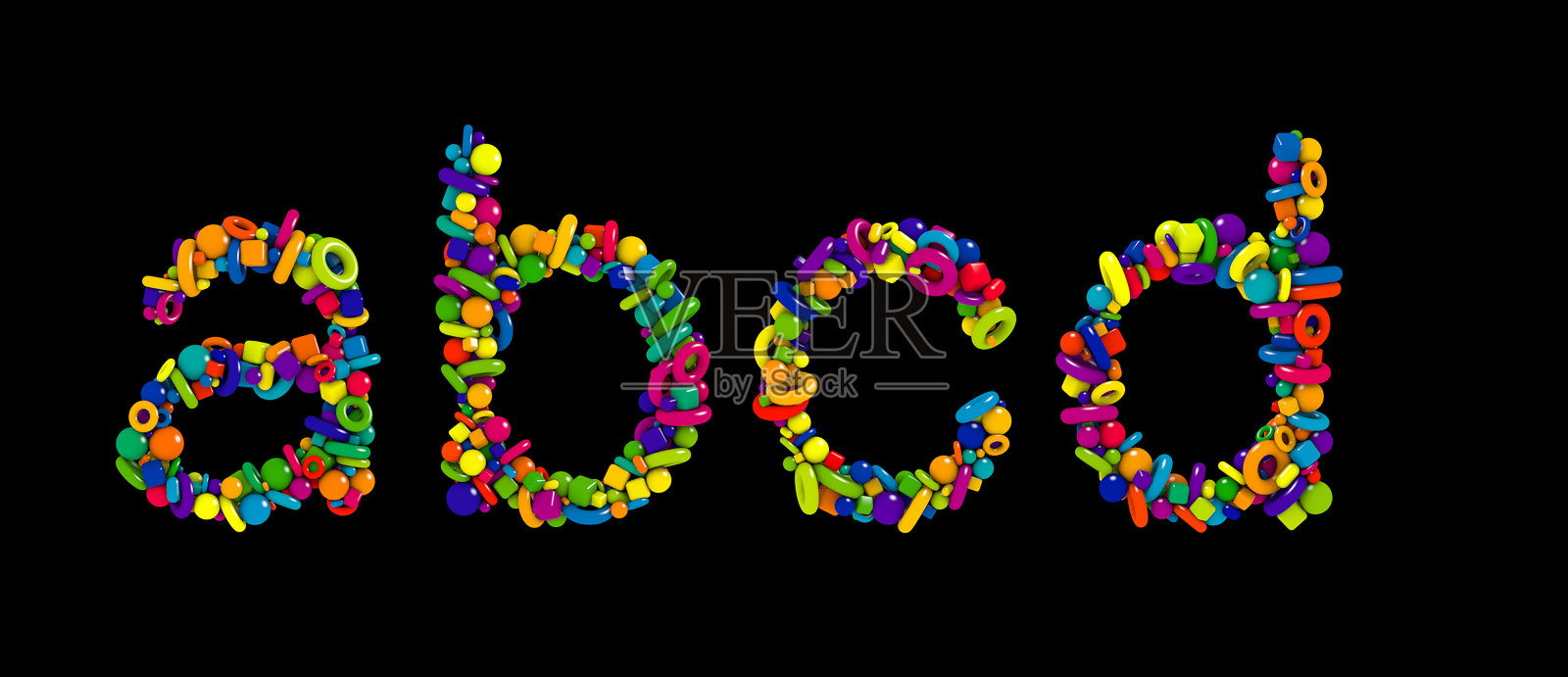 字母a, b, c, d.儿童玩具彩色3D字体孤立在黑色背景。由有趣的几何形状组成的多色字母集。照片摄影图片