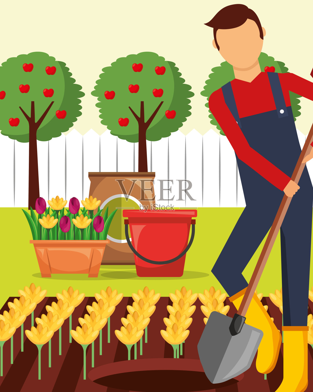 园丁用铲子种花园艺插画图片素材