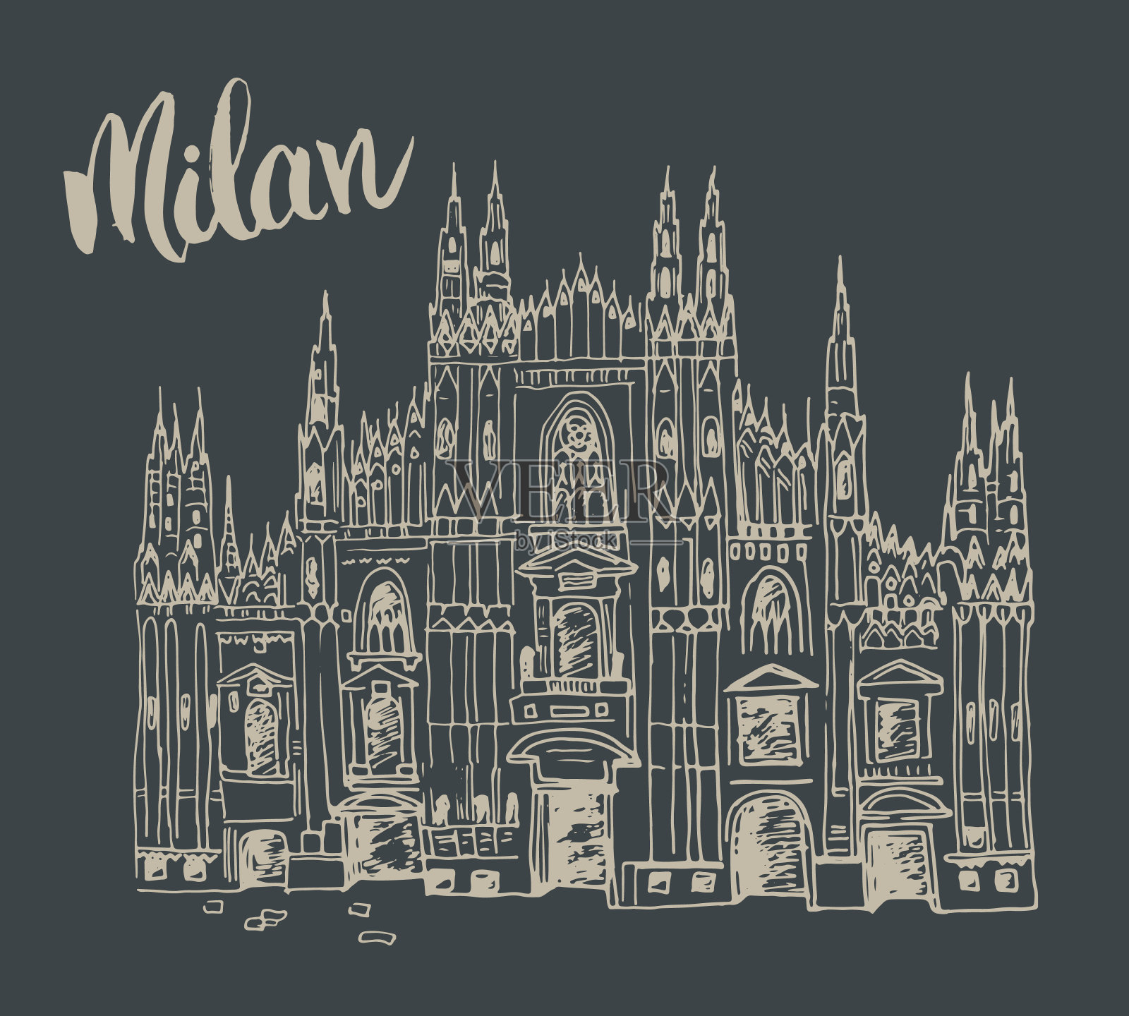 意大利米兰的大教堂。意大利著名教堂建筑手绘草图，字母米兰，矢量插图。插画图片素材