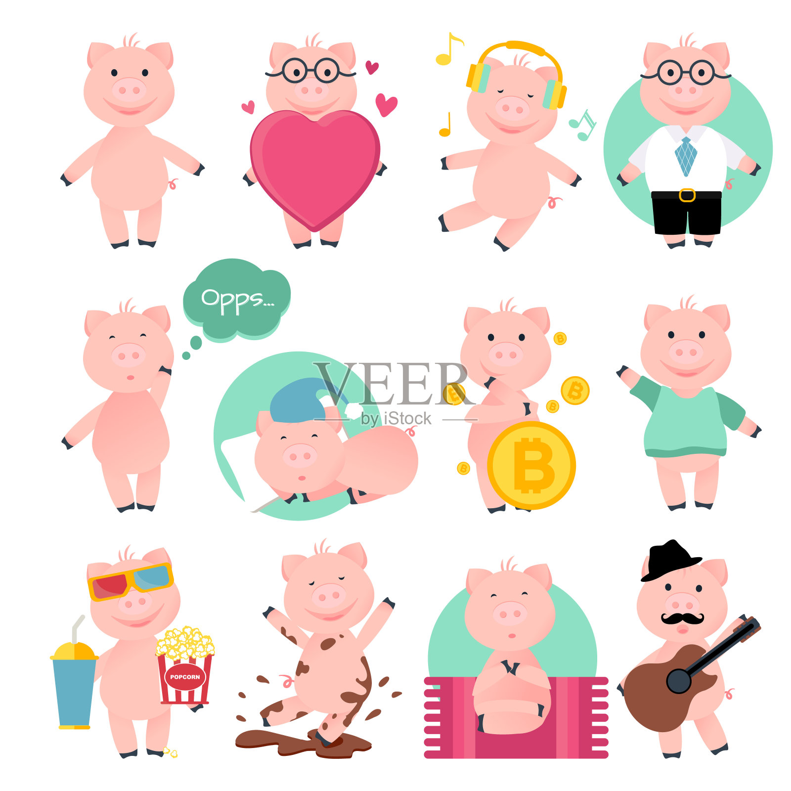矢量插图。卡通有趣的猪。集不同风格的猪，如:情人、影迷、瑜伽猪、音乐家等插画图片素材