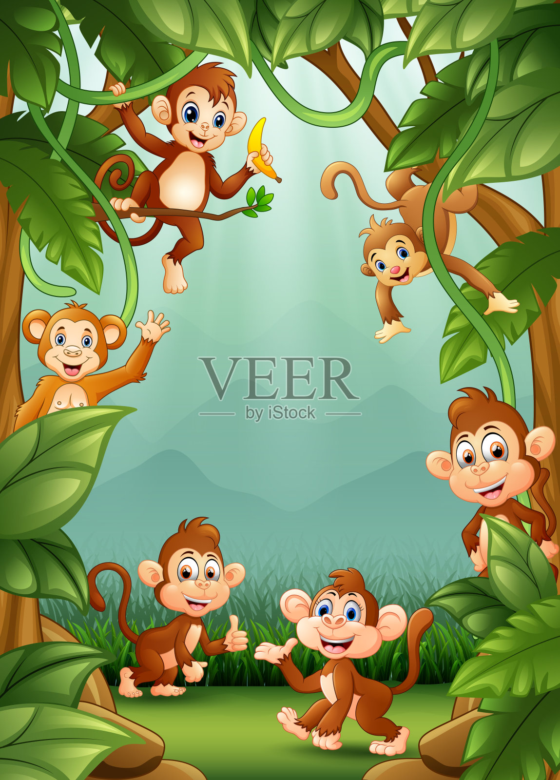小猴子们在丛林里快乐插画图片素材