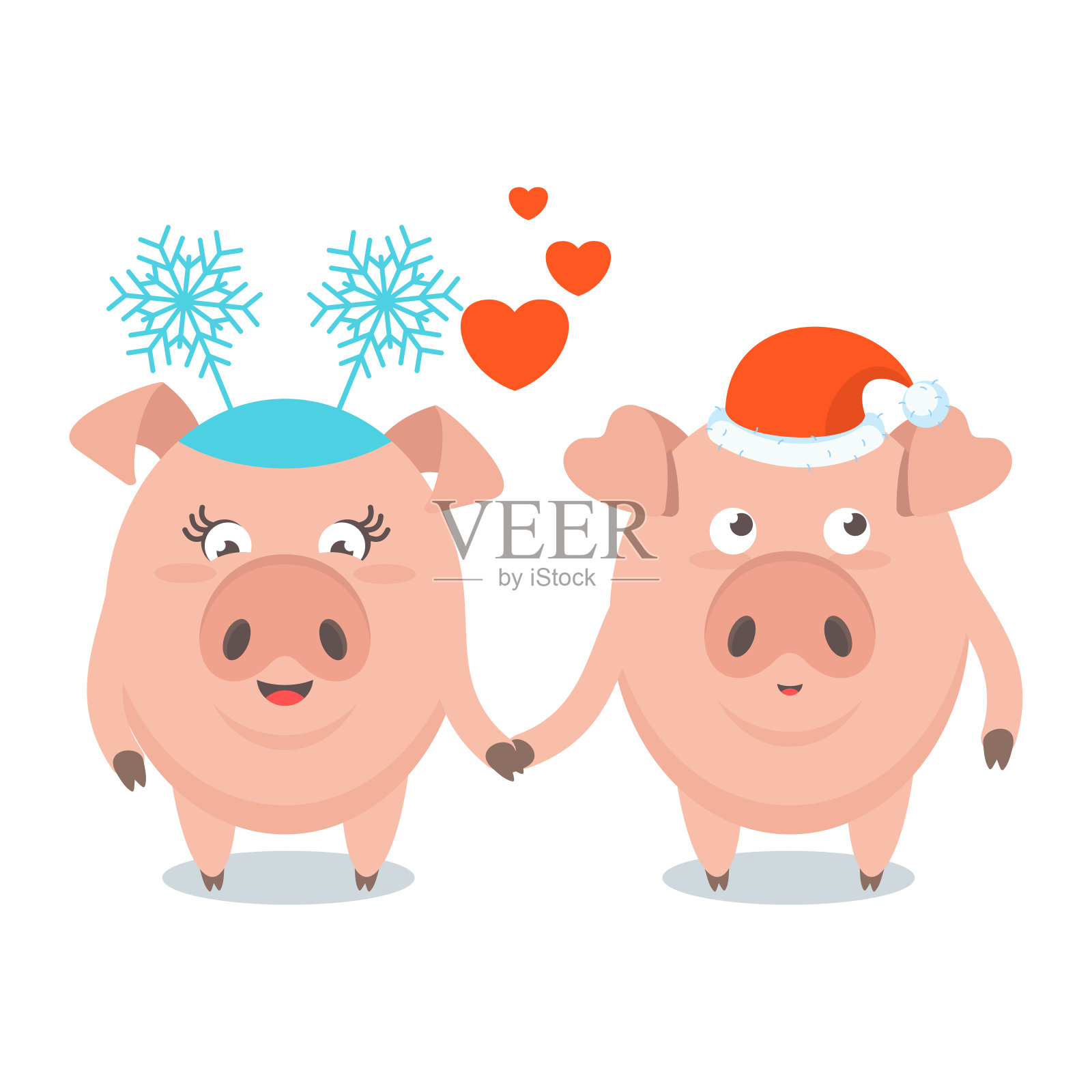 滑稽快乐的猪戴着圣诞老人的帽子，猪戴着带雪花的帽子插画图片素材