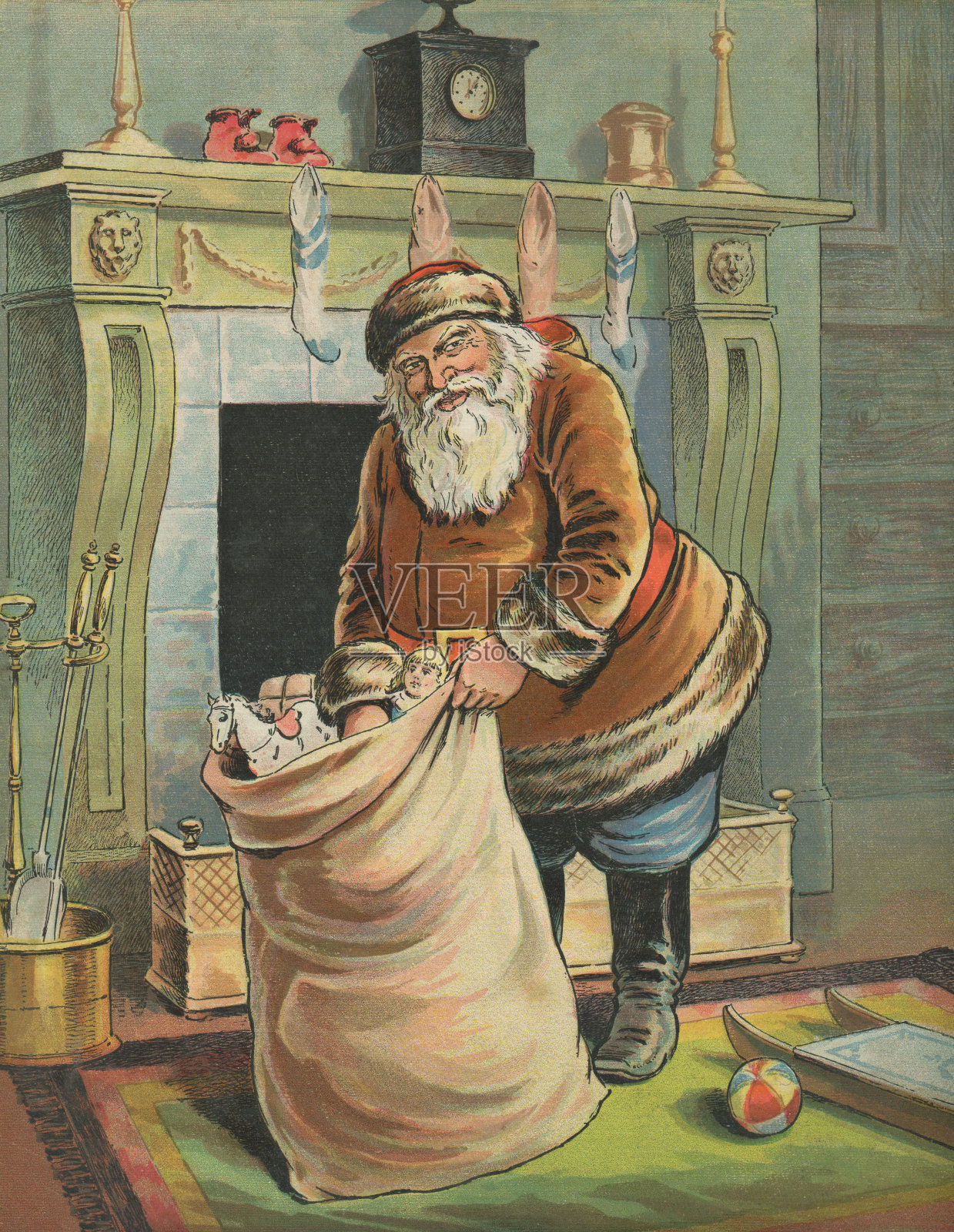 圣诞老人在袜子里装满礼物插画图片素材