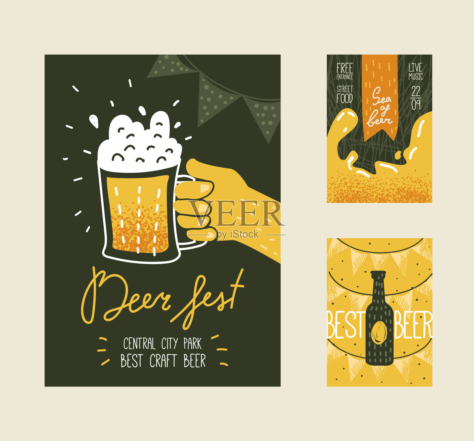 啤酒节海报，横幅，标语牌，广告。啤酒节复古设计与瓶子和玻璃。矢量图设计模板素材