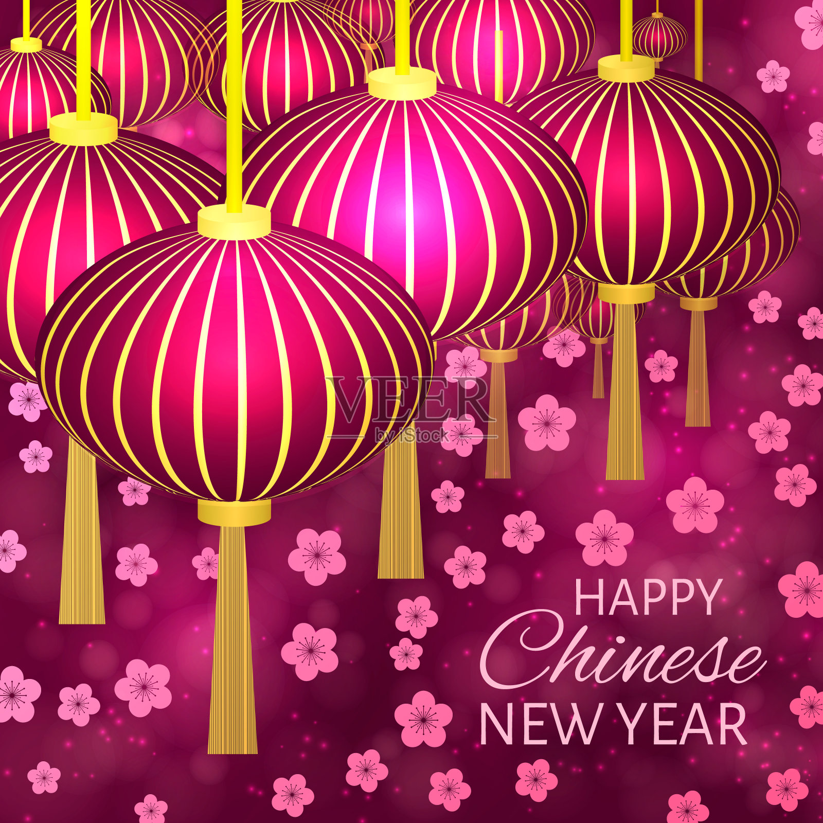 中国新年矢量插图与灯笼和樱花在散景的背景。易于编辑设计模板为您的项目。可用作贺卡、横幅、请柬等。插画图片素材