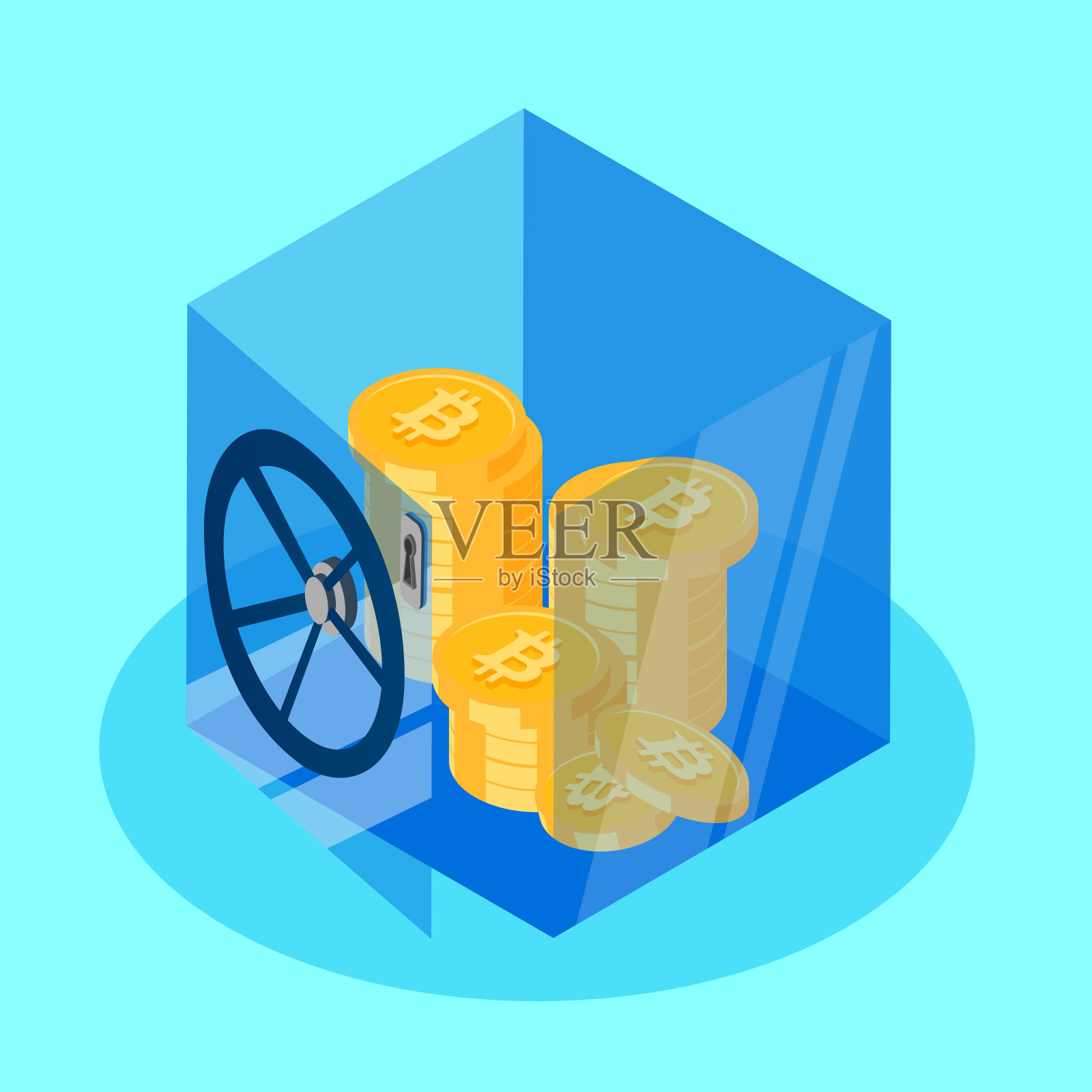 黄金货币在安全的蓝色背景。插画图片素材