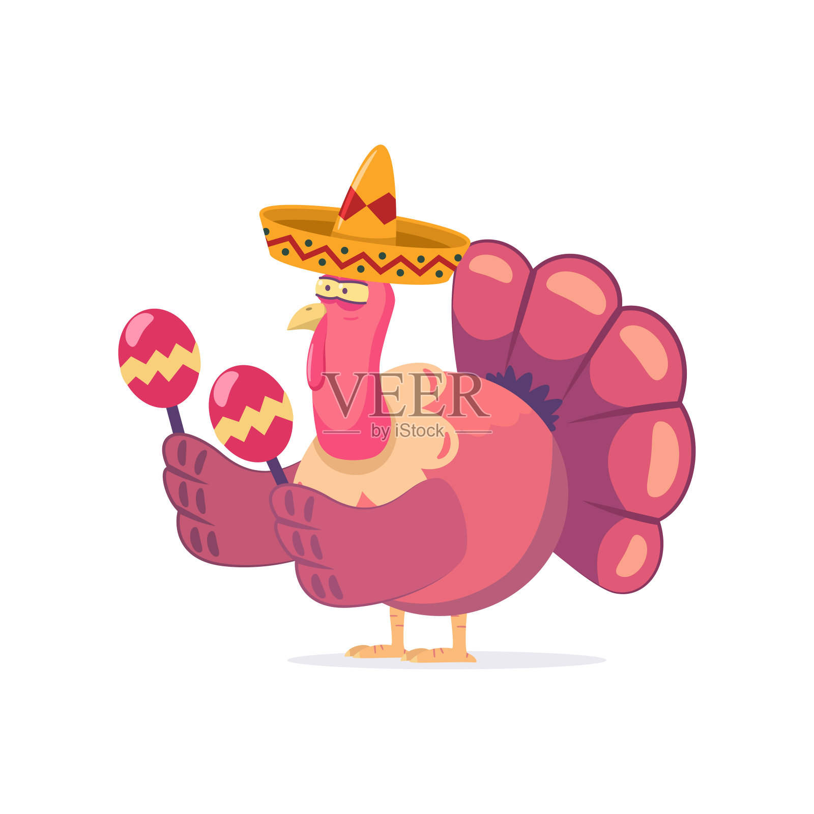 带沙球的墨西哥宽边帽感恩节火鸡。矢量卡通人物的一个有趣的鸟孤立在白色的背景。设计元素图片