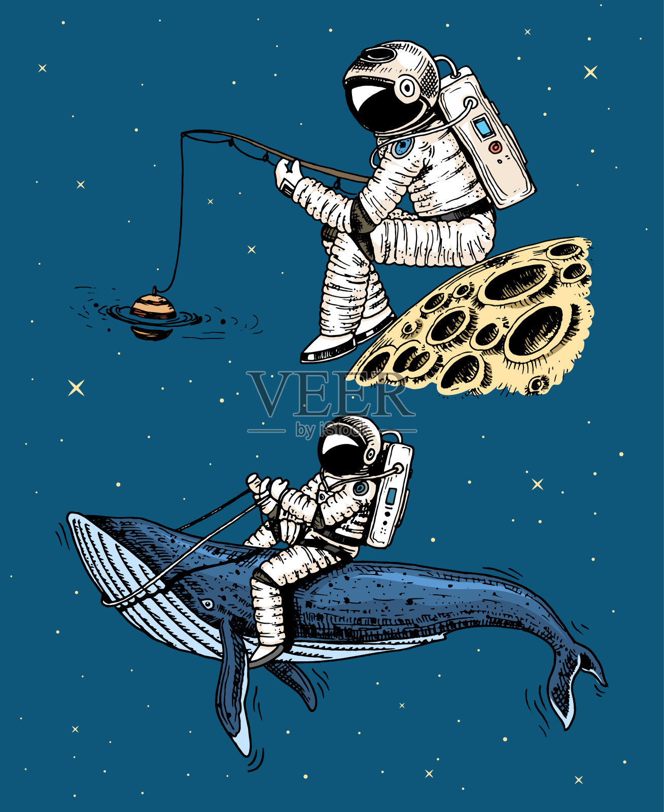 宇航员在月球上拿着钓竿。天文星系空间。有趣的宇航员探索冒险。用旧素描手绘雕刻。太阳系行星中的蓝鲸插画图片素材