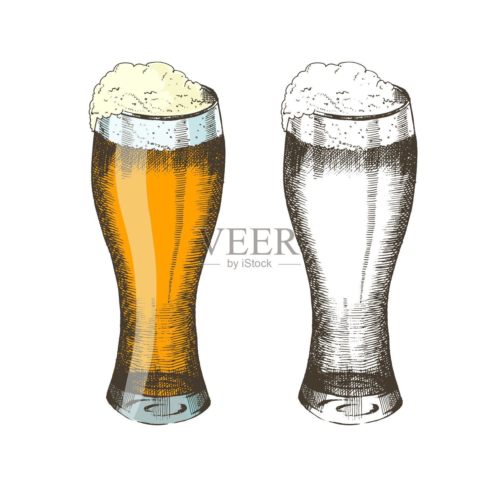 啤酒节手工绘制的彩色和涂鸦玻璃上的啤酒孤立的白色。啤酒节日。向量。素描、雕刻插画图片素材