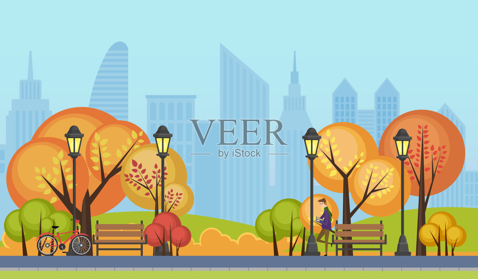 一个美丽的秋季公共城市公园与城市摩天大楼的背景矢量插图。插画图片素材