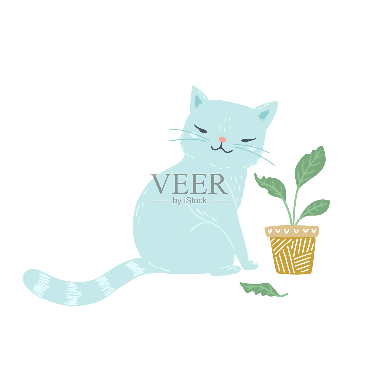 矢量可爱的猫和植物插图，孤立在白色的背景插画图片素材