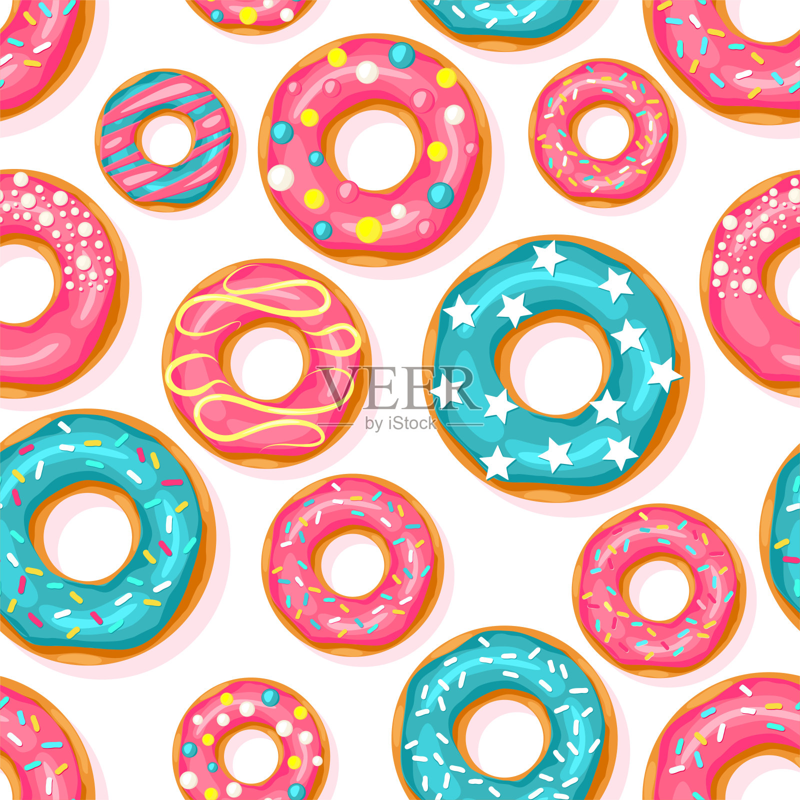 甜甜圈无缝模式。粉色和蓝色的薄荷甜甜圈，不同的浇头，白色的背景设计元素图片