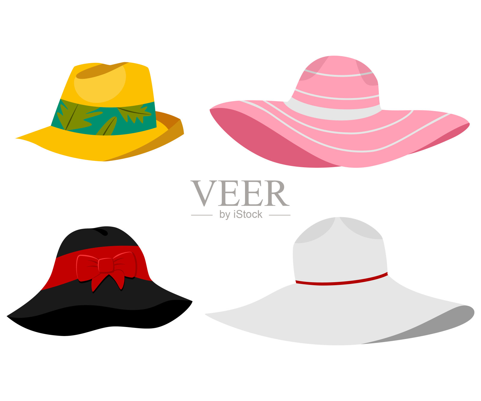 夏季海滩帽子插图。矢量平面卡通男性和女性头饰孤立在白色的背景。设计元素图片