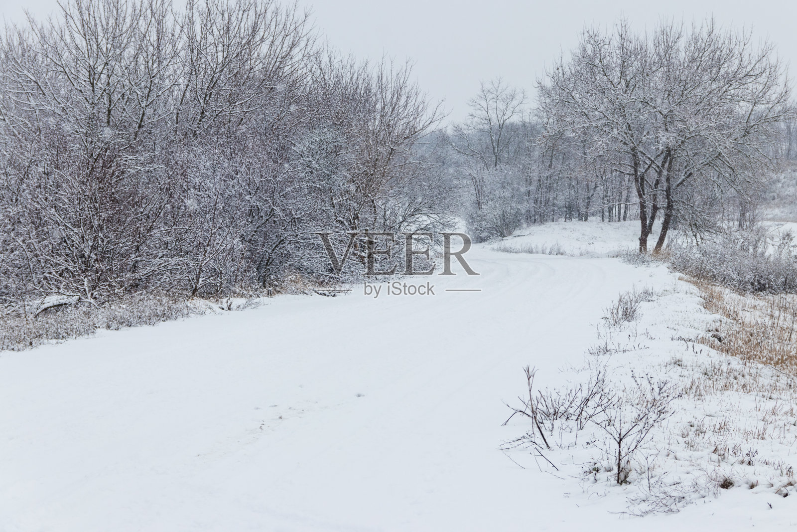 下雪时下雪的路。冬天农村景观照片摄影图片