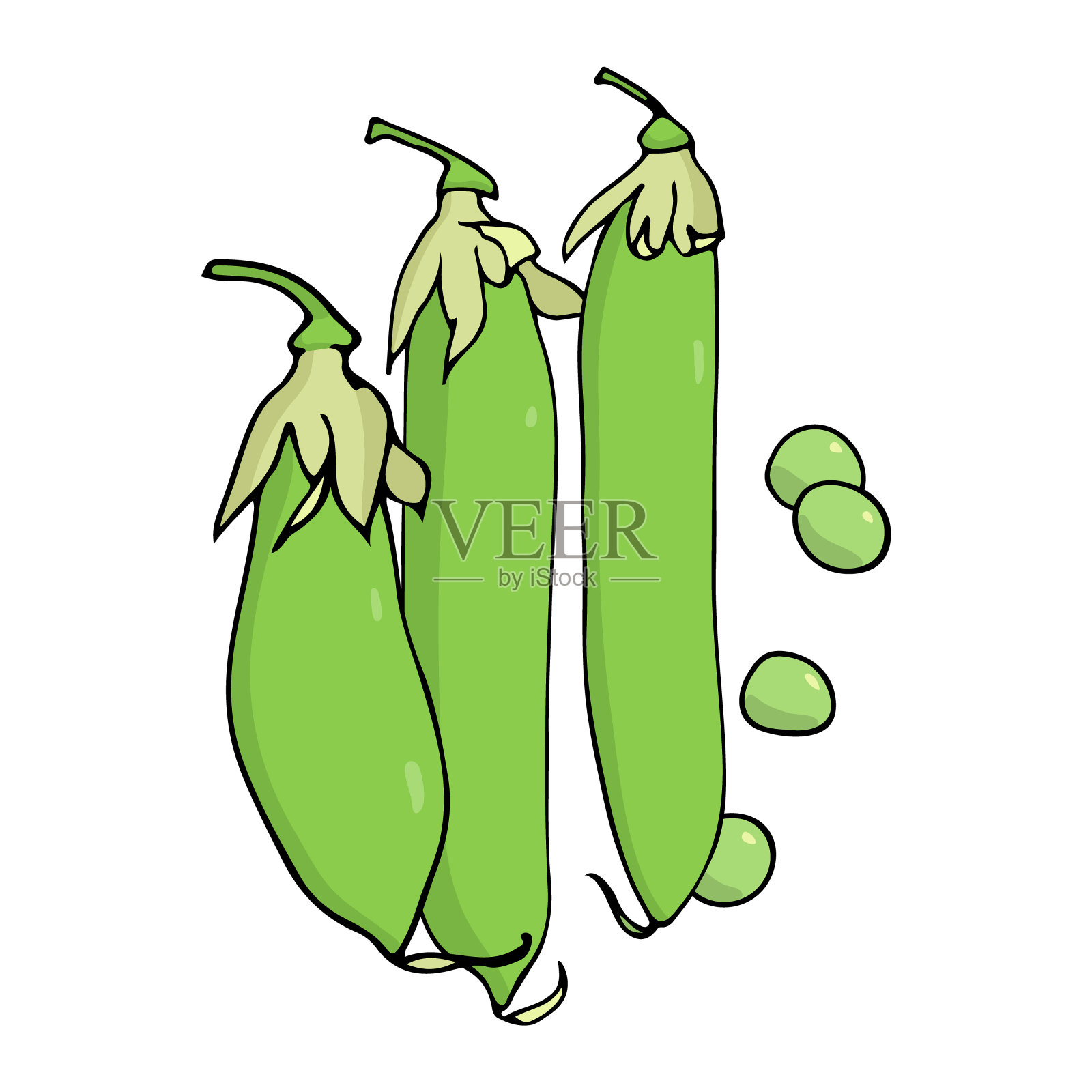 绿豌豆和豌豆荚。矢量插图。卡通风格。设计元素图片