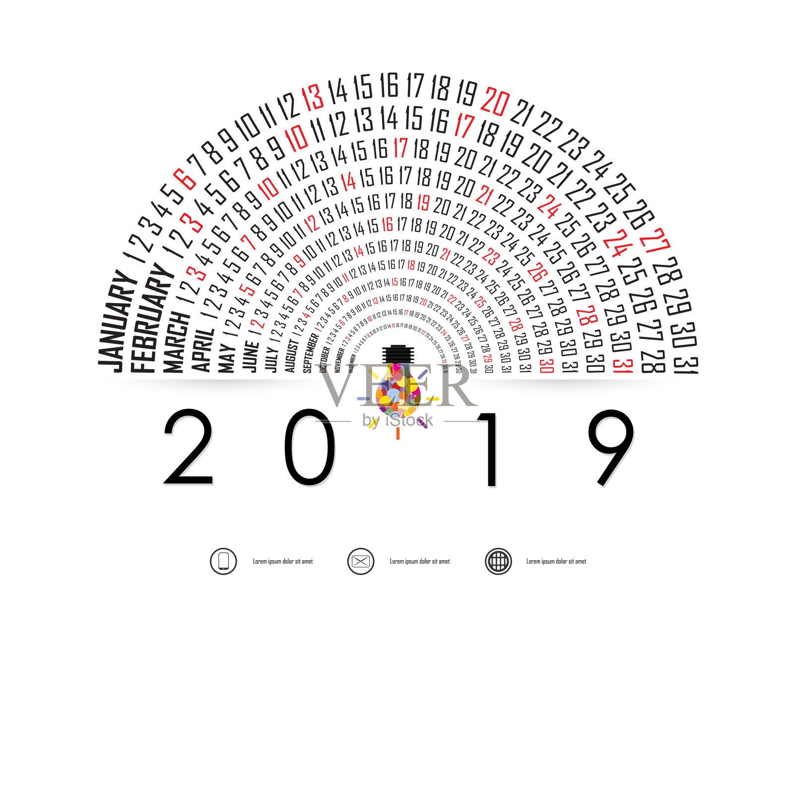 2019年日历模板与创意灯泡图标。半圆日历。日历2019套12个月。年历矢量设计文具模板。新年快乐2019背景。矢量插图。插画图片素材