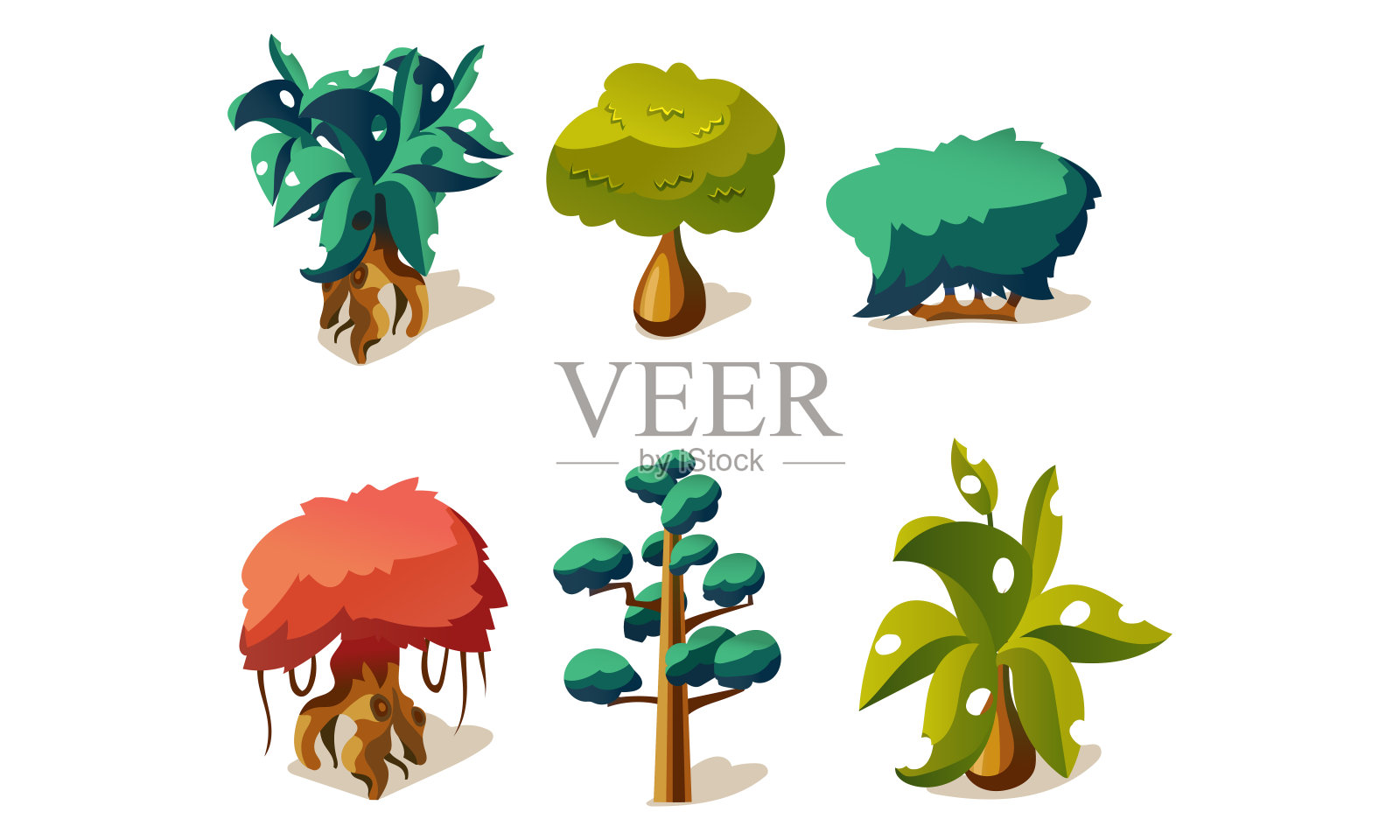 幻想树和植物设置，用户界面资产的移动应用或视频游戏细节矢量插图在白色的背景插画图片素材