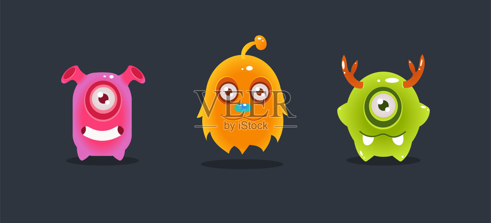 可爱有趣的五颜六色的怪物，有趣的外星人，游戏用户界面元素的视频电脑游戏矢量插图插画图片素材