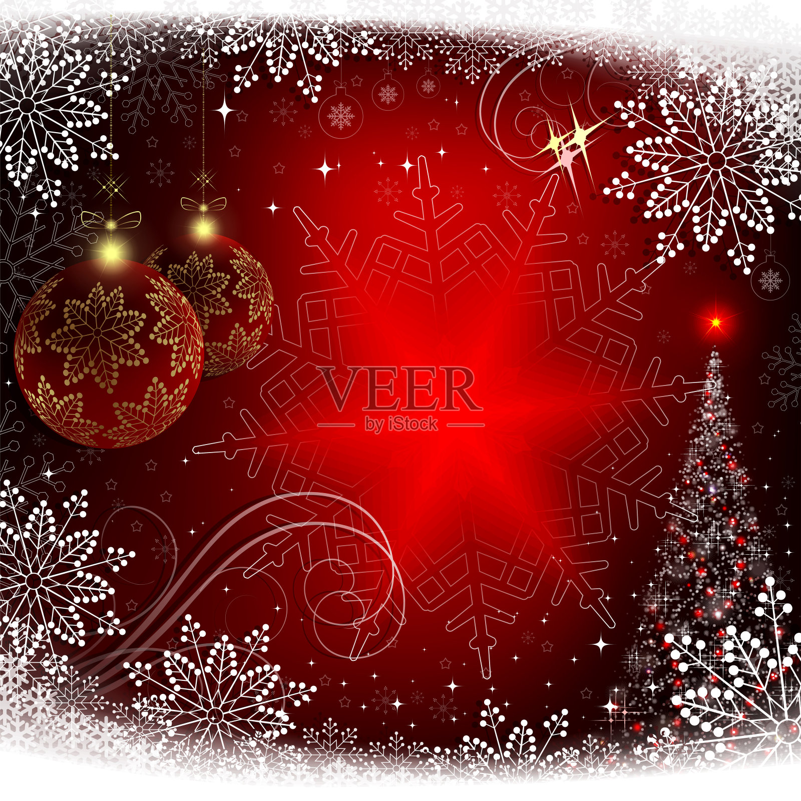 圣诞节的红色背景与红球和云杉。插画图片素材