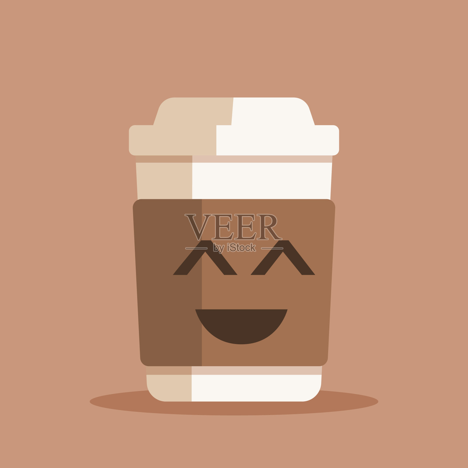 快乐咖啡杯矢量插图。塑料或纸杯咖啡或茶杯与快乐的脸在平风格。插画图片素材
