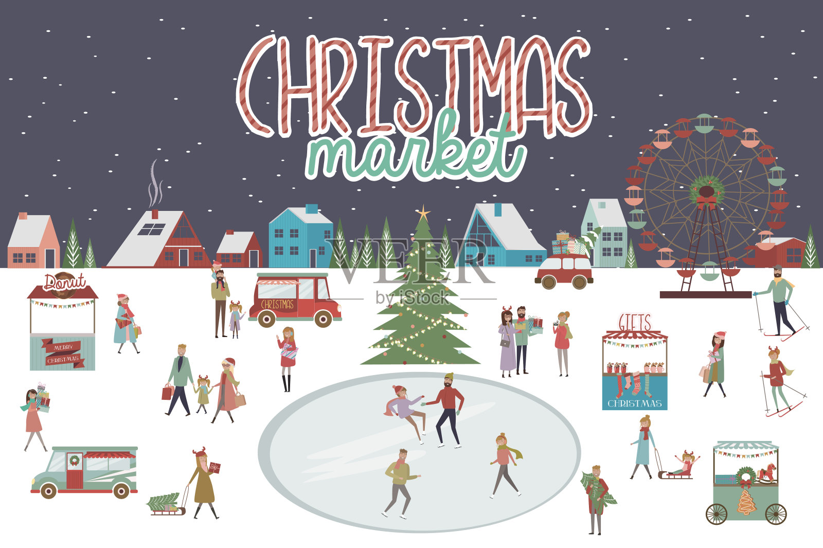 可爱的圣诞贺卡，冬天的风景，圣诞市场和活跃的人插画图片素材