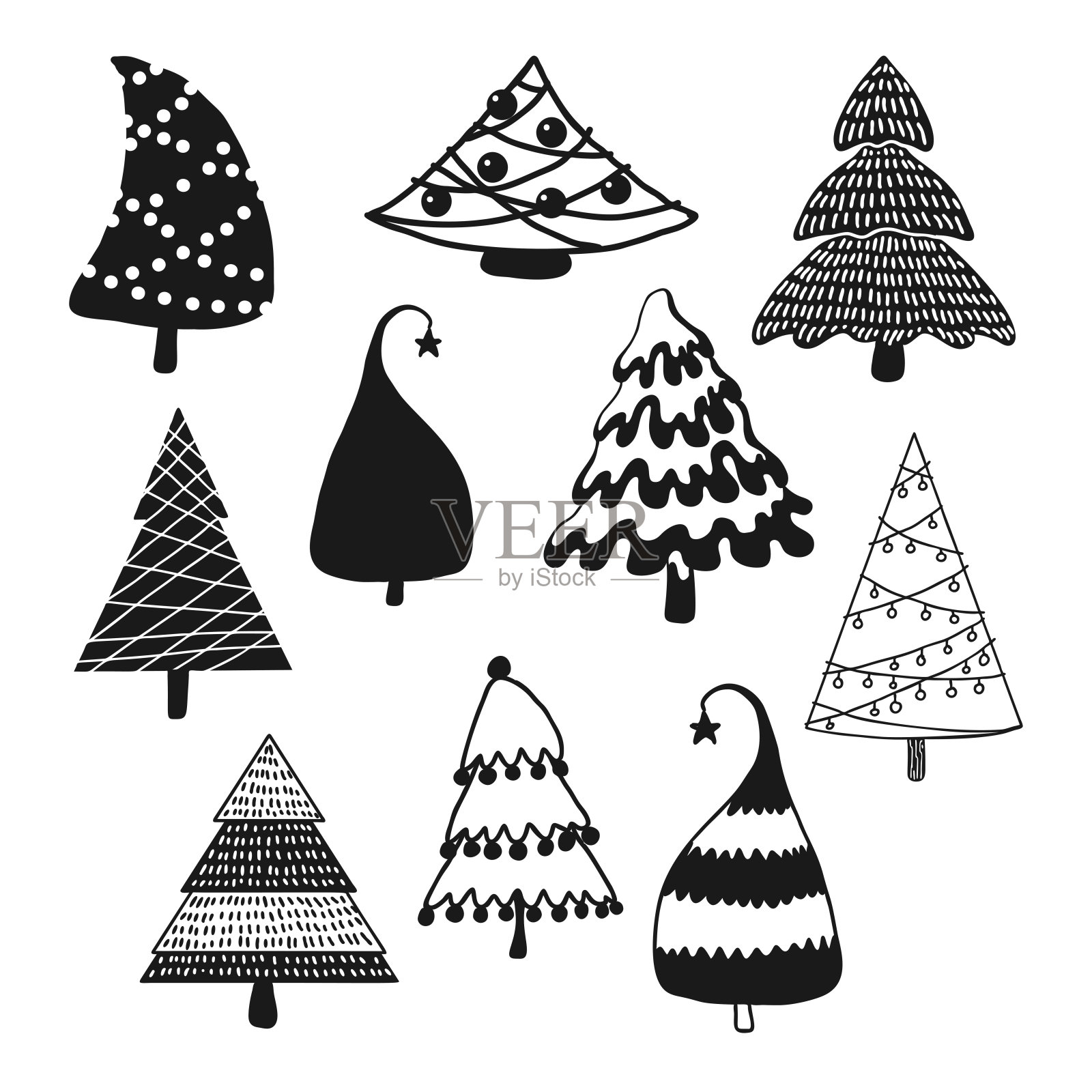 一套装饰圣诞树。矢量插图在素描风格。插画图片素材