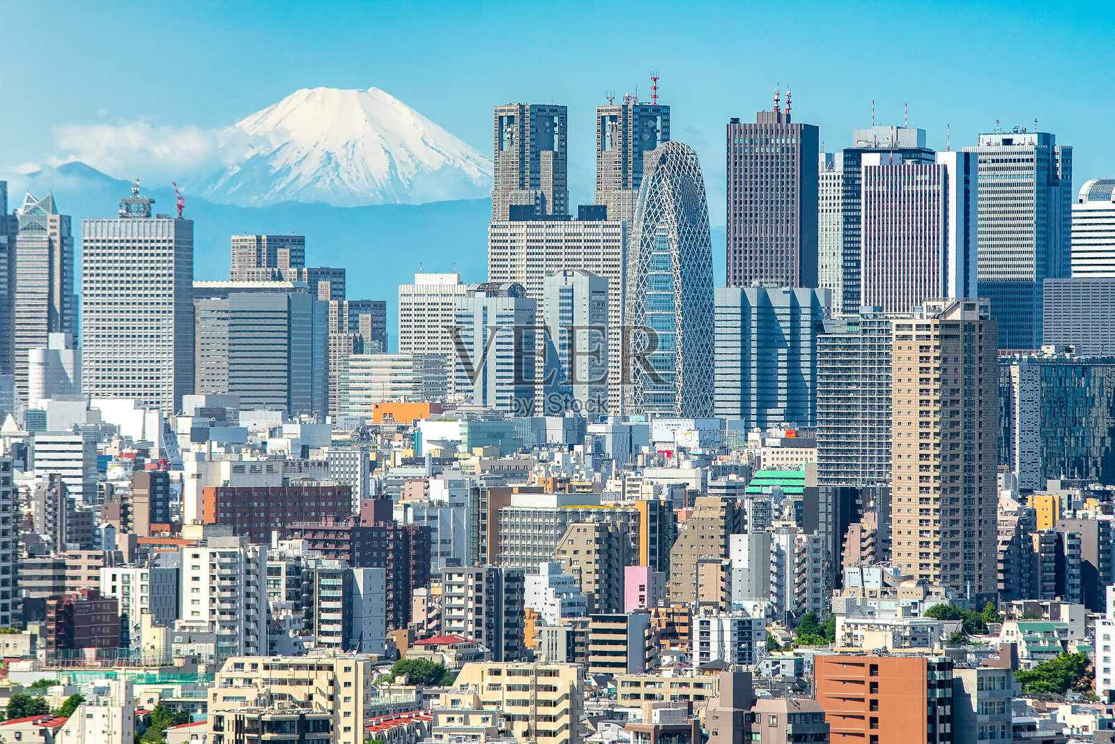 东京，新宿建筑城市景观和身后的富士山。照片摄影图片
