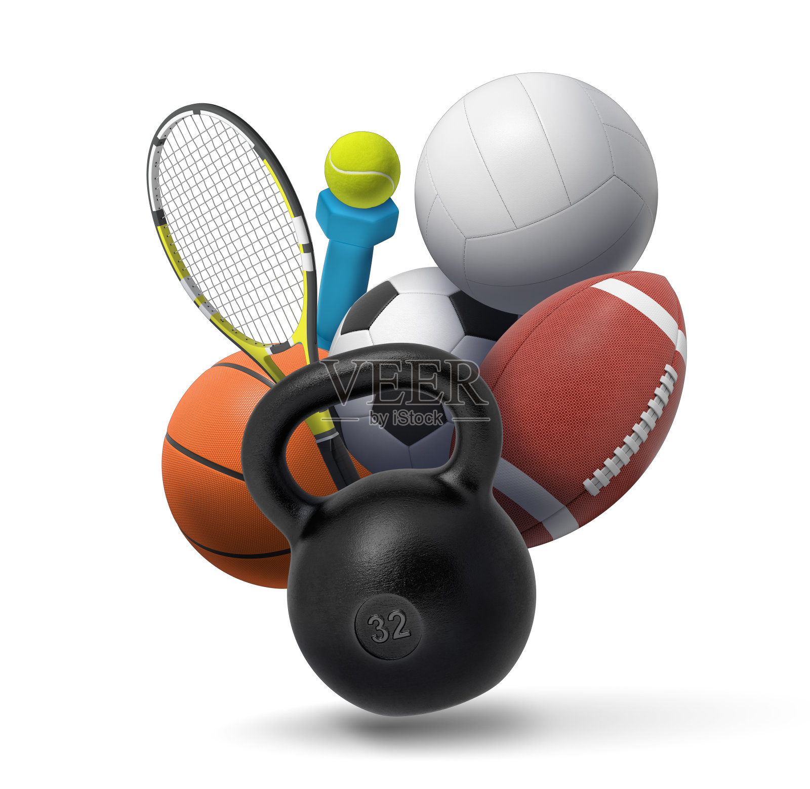 运动和健身设备的收集的3d渲染:一个哑铃，一个壶铃，网球设备，和几个团队运动球。照片摄影图片