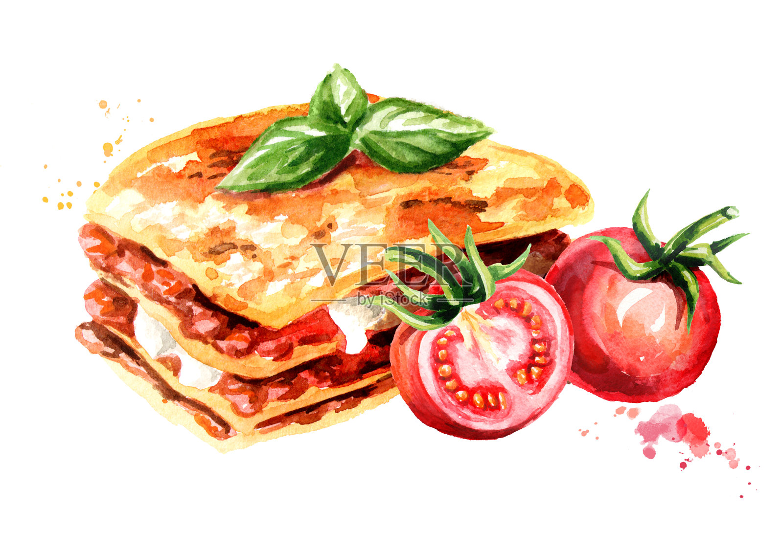 烤宽面条配熟番茄。水彩手绘插图孤立的白色背景插画图片素材
